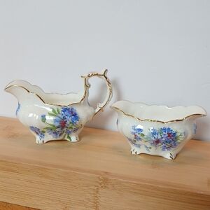 Vtg Hammersley Co Cornflower Blue Sugar Bowl & Creamer Bone China England